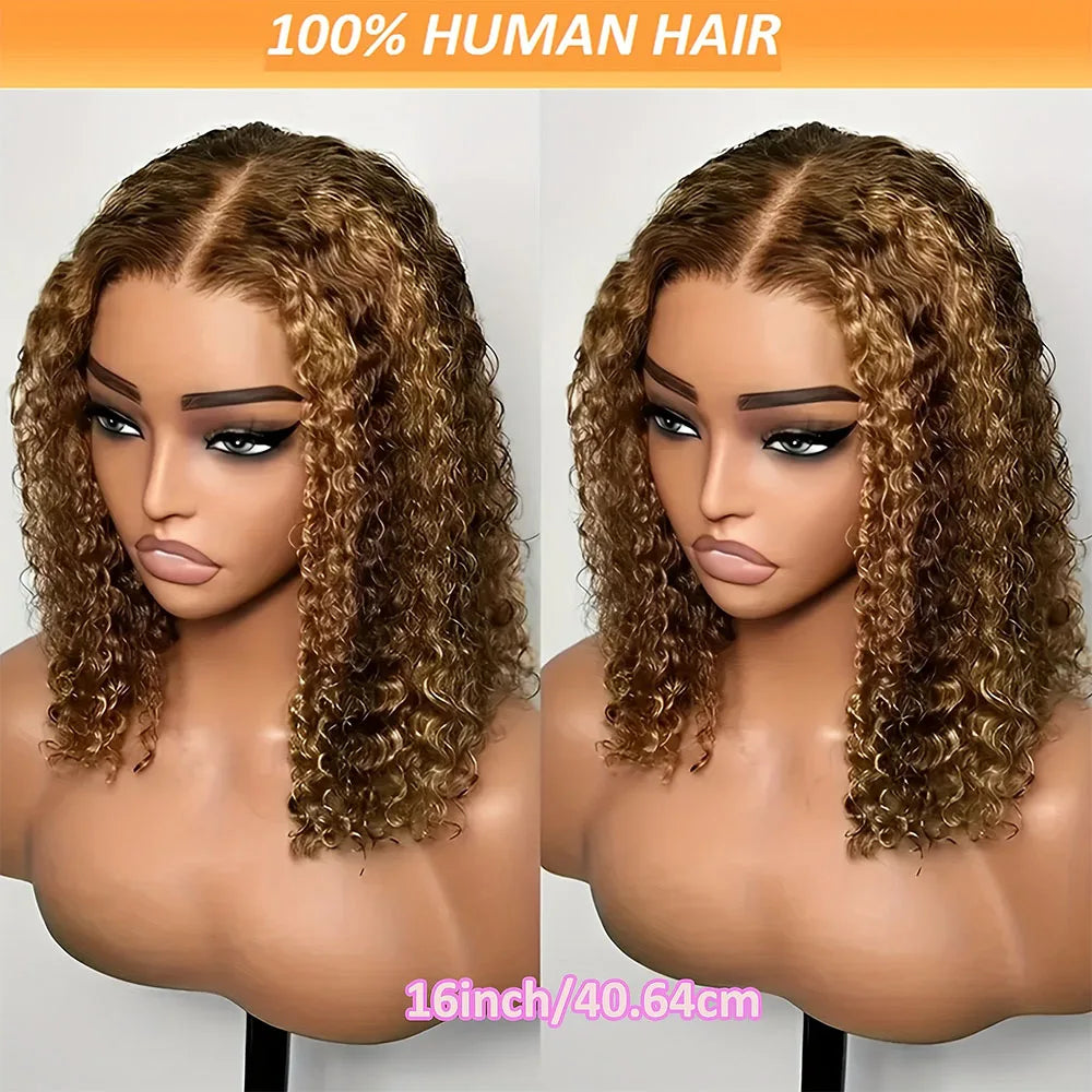 P4/27 Highlight Ombre Lace Front Wig Human Hair Curly Glueless Wear And Go Short Bob HD Transparent Lace Frontal Wig