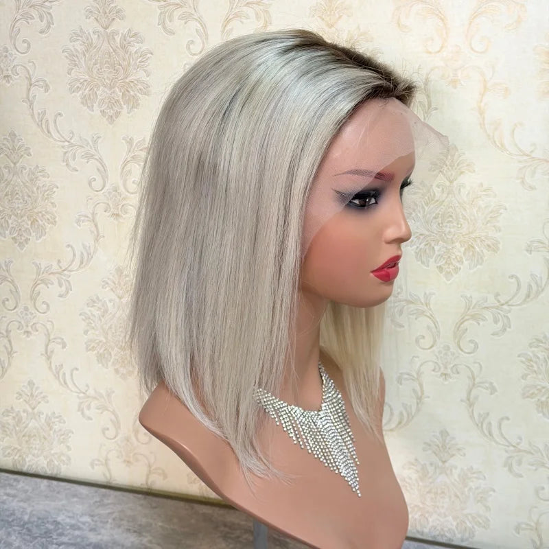 Silver Blonde Short Bob Wig Human Hair 13x4 Lace Front Wigs Human Hair Pre Plucked Transparent Lace 180 Density Lace Frontal Wig