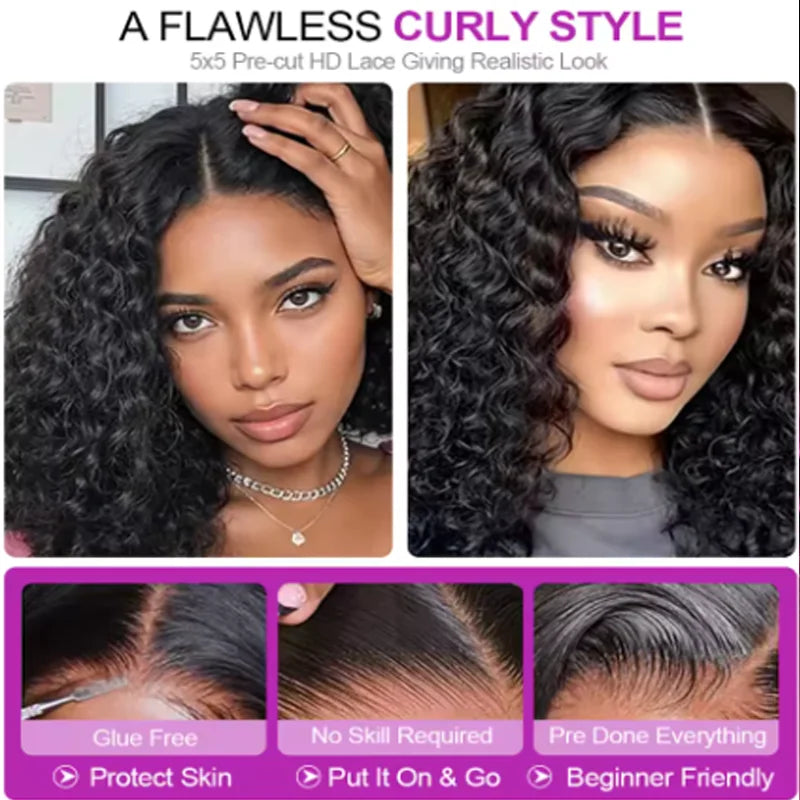 Glueless Wig Human Hair 100% Deep Wave Bob Wig 13x6 Lace Frontal Wig Wear And Go Kinky Curly Short Bob Wig for Women 250 Density