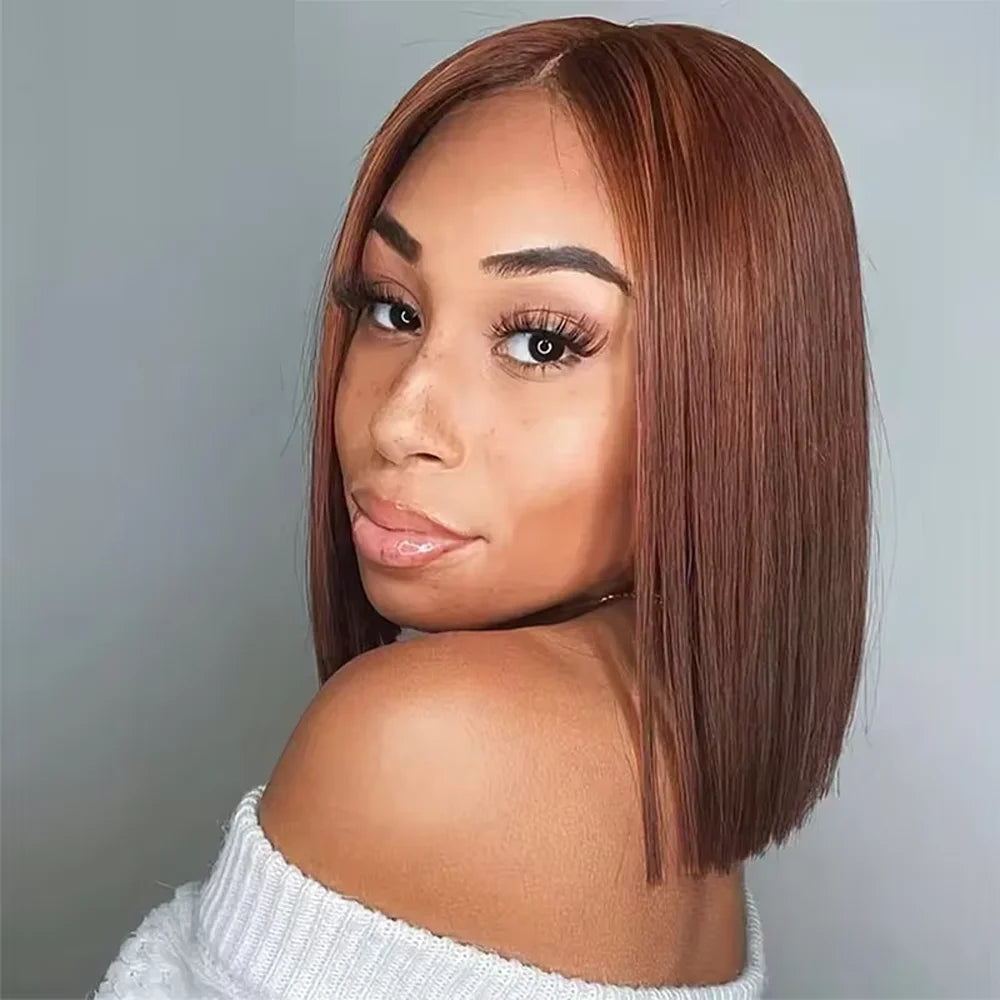 Short Bob 13x4 HD Transparent Lace Front Human Hair Wig Chocolate Brown Straight Brazilian Human Hair Wig For Women