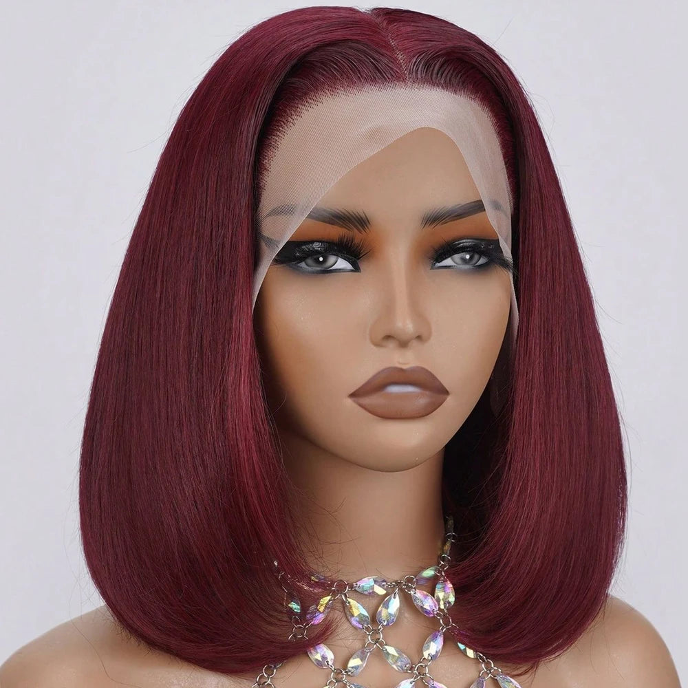 Straight Short Bob 13x4 Front Lace Wigs Burgundy 99J Brazilian Virgin Human Hair Glueless Colored Lace Wigs Preplucked for Women