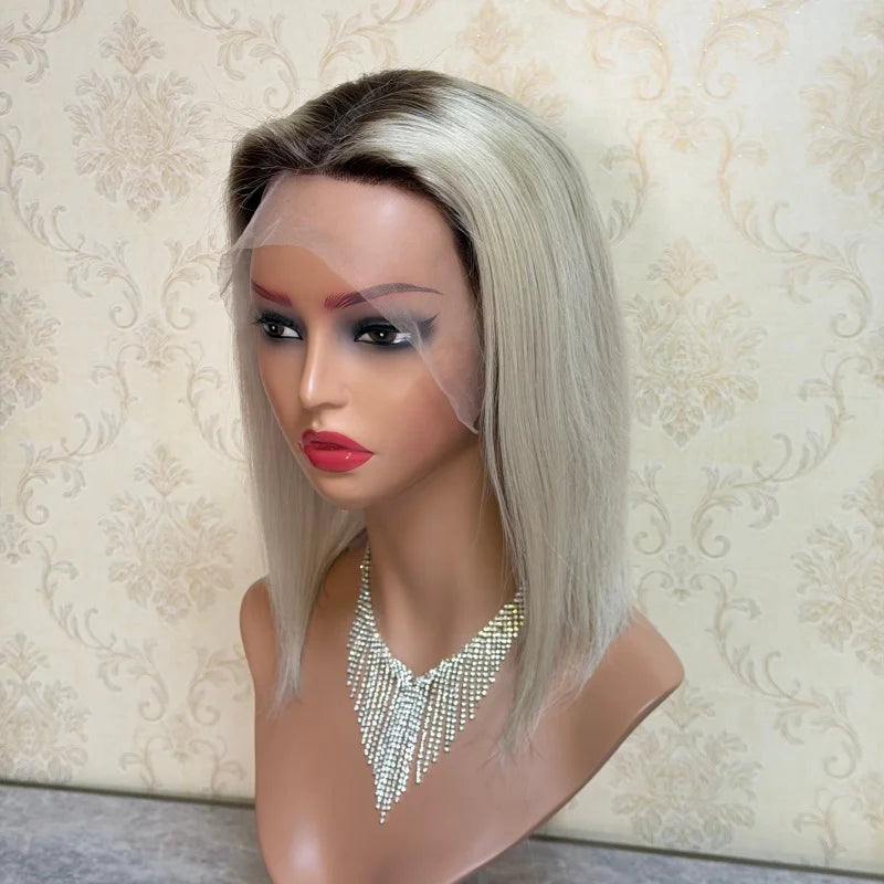 Silver Blonde Short Bob Wig Human Hair 13x4 Lace Front Wigs Human Hair Pre Plucked Transparent Lace 180 Density Lace Frontal Wig