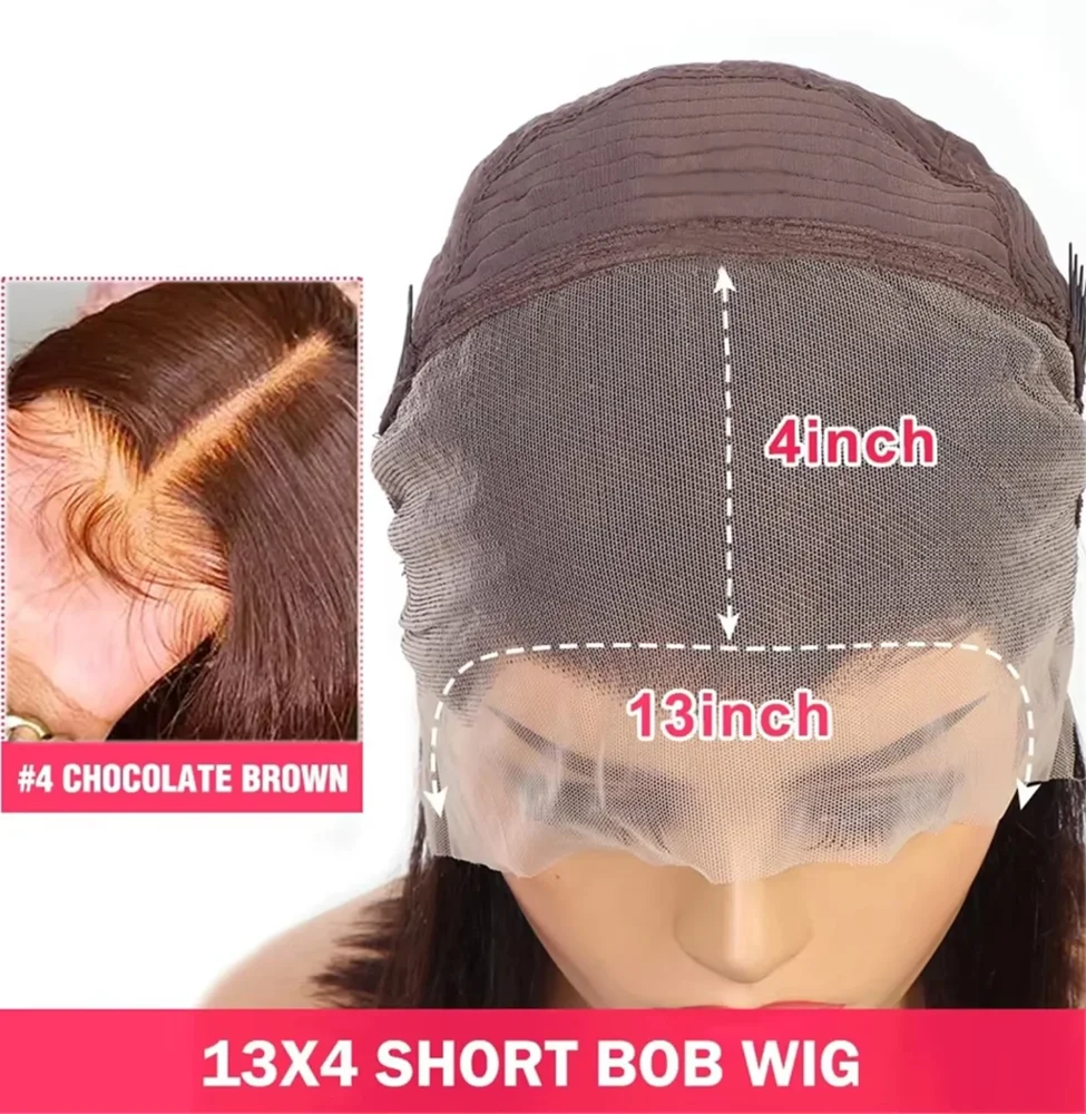 Short Bob 13x4 HD Transparent Lace Front Human Hair Wig Chocolate Brown Straight Brazilian Human Hair Wig For Women