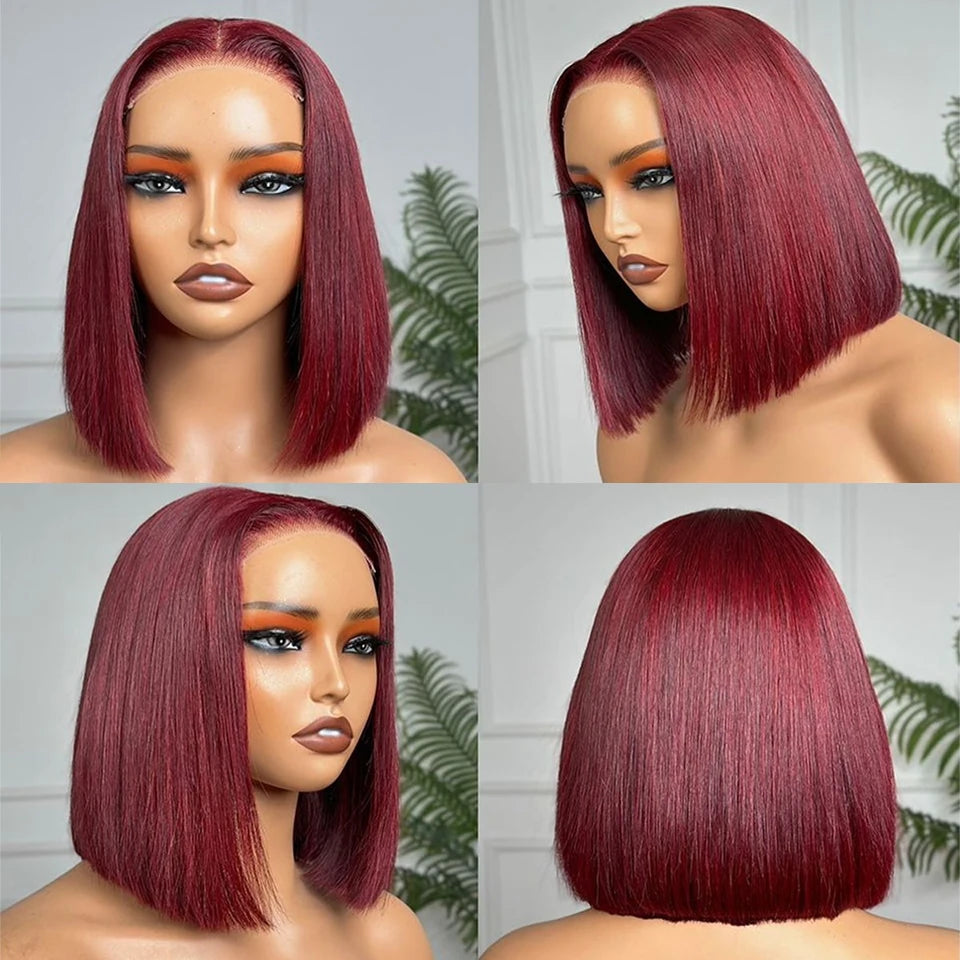 Straight Short Bob 13x4 Front Lace Wigs Burgundy 99J Brazilian Virgin Human Hair Glueless Colored Lace Wigs Preplucked for Women