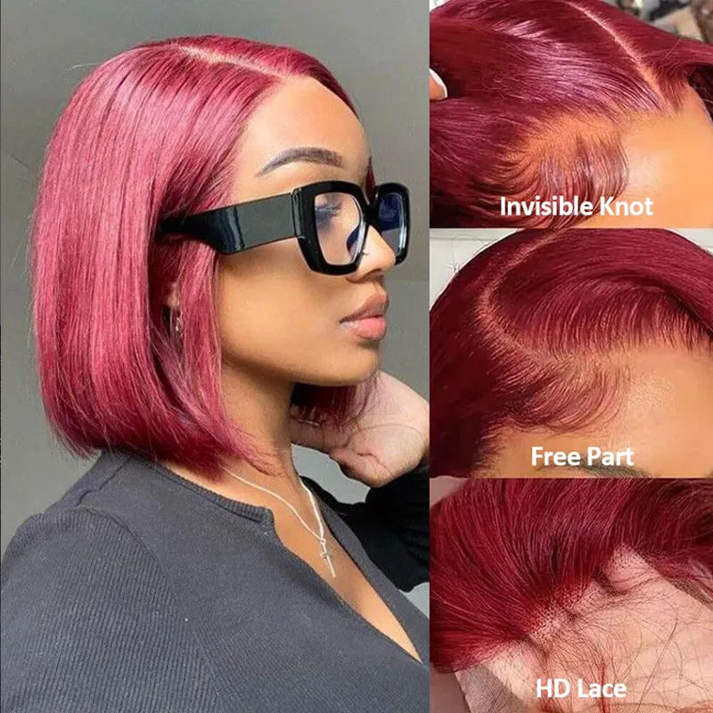 Straight Short Bob 13x4 Front Lace Wigs Burgundy 99J Brazilian Virgin Human Hair Glueless Colored Lace Wigs Preplucked for Women