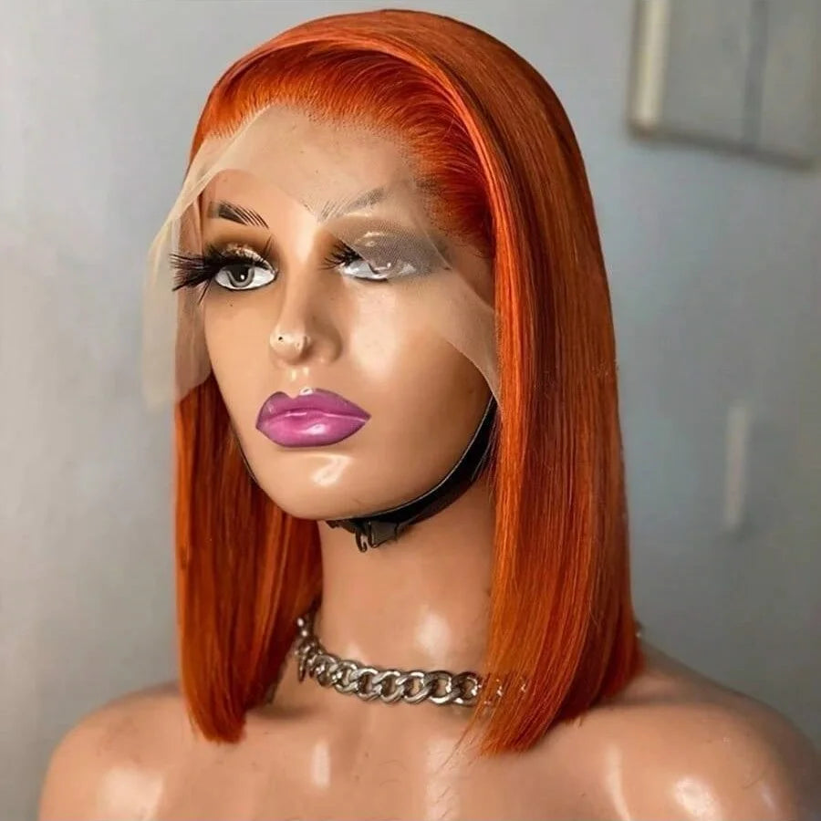 8 - 18 inch Ginger Orange Short Straight Bob Wig Human Hair 13x4 Transparent Lace Frontal Wigs Pre Plucked With Baby Hair