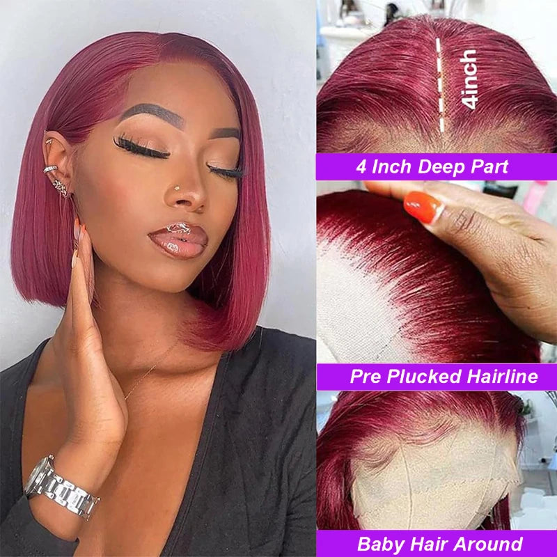 Straight Short Bob 13x4 Front Lace Wigs Burgundy 99J Brazilian Virgin Human Hair Glueless Colored Lace Wigs Preplucked for Women