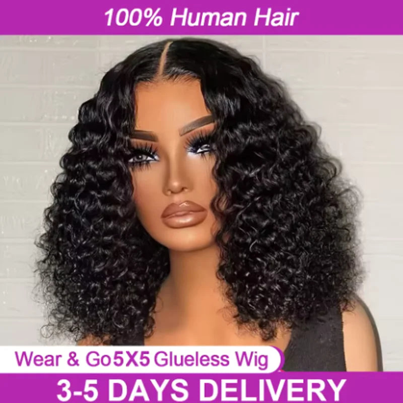 Glueless Wig Human Hair 100% Deep Wave Bob Wig 13x6 Lace Frontal Wig Wear And Go Kinky Curly Short Bob Wig for Women 250 Density
